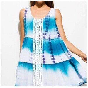 b-SHARP Women‎ Tie-Dye Tiered Dress Crochet Panel Blue White Medium NWT